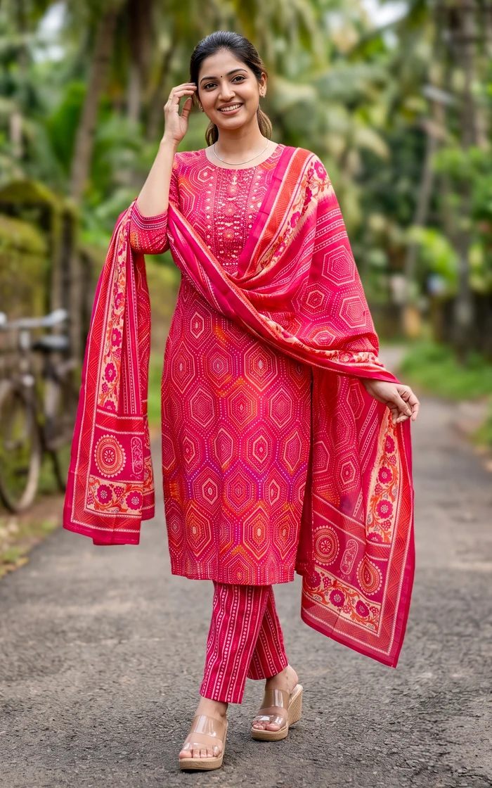 Pink Geometric Bandhani Print Salwar set
